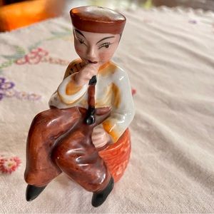 Vintage Asian Man Sitting on Barrel Figurine. Occupied Japan. 5"H x 4"W
